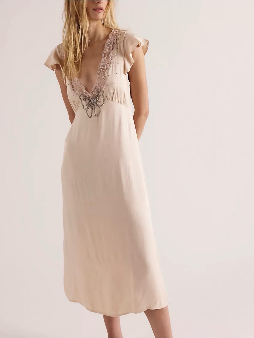 NWT Free People Tied With Joy Lace Satin bling Bow Midi Dress Baby Pink XSmall
